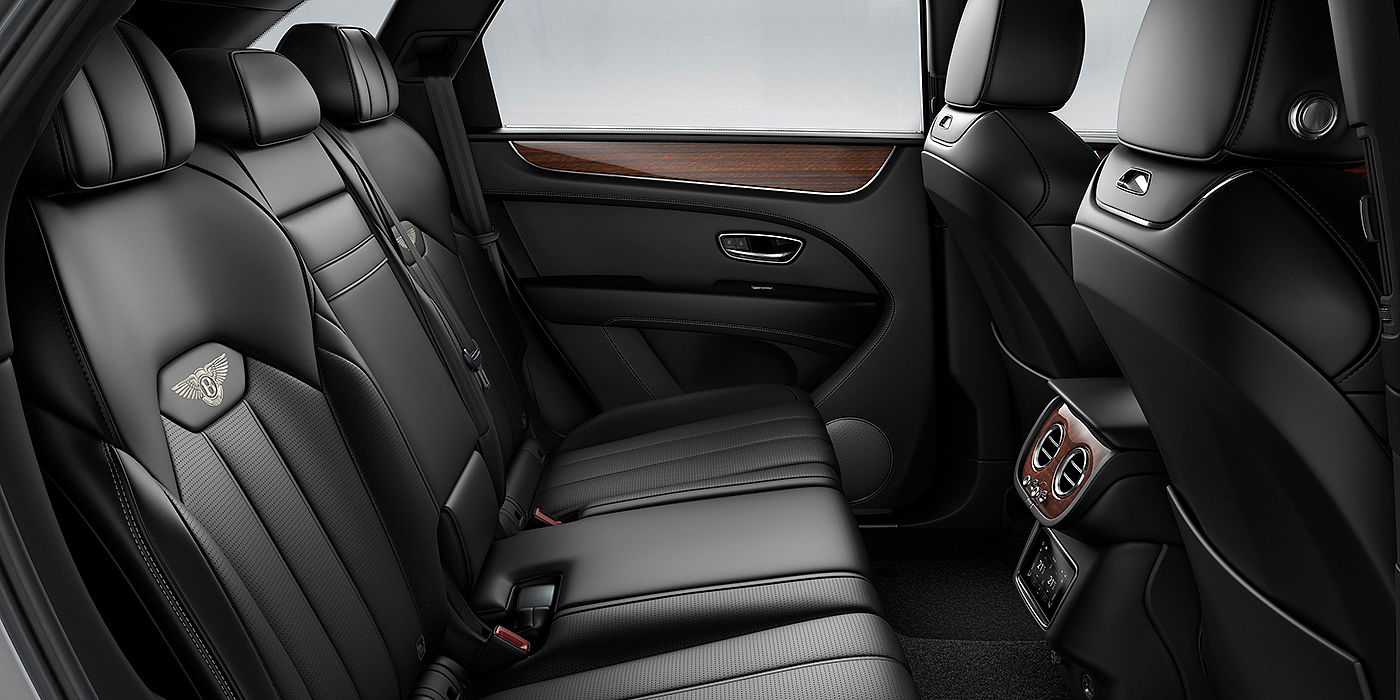 Bentley Emirates -  Abu Dhabi Bentey Bentayga interior view for rear passengers with Beluga black hide.