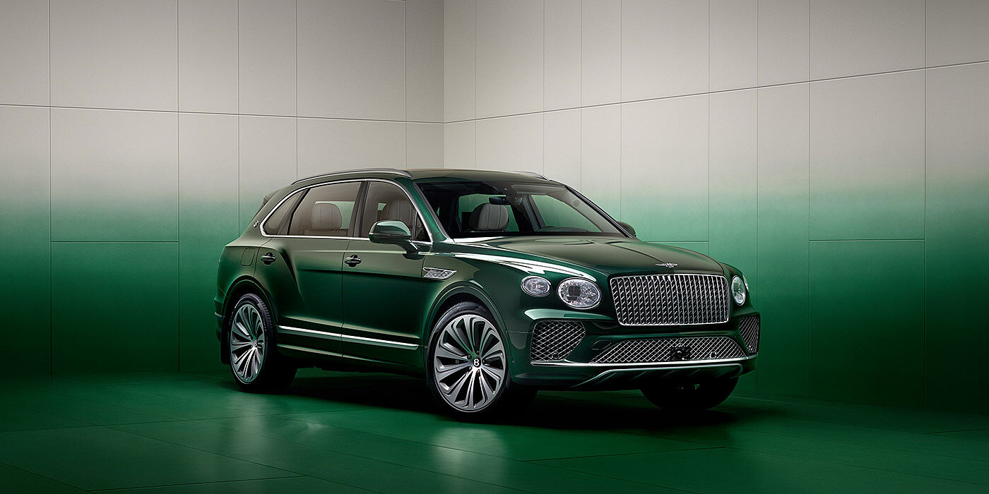 Bentley Abu Dhabi Bentley Bentayga Extended Wheelbase SUV in Light Emerald green paint front three quarter in green grey room