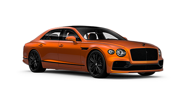 Bentley Emirates -  Abu Dhabi Bentley Flying Spur Speed front side angled view in Orange Flame coloured exterior. 